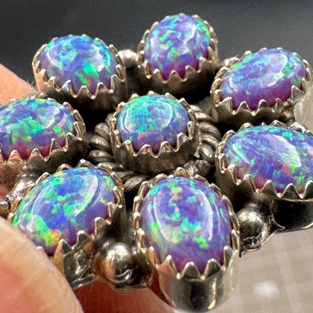Lab Created Opal Iridescent Triple Floral Multi Stone Sterling Dangle Earrings - Picture 8 of 11